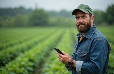 Farmer in cap and denim jacket uses smartphone in green crop field. Man holds mobile, checks plants growth, works in agri business. Rural landscape, outdoor work, tech in farming.