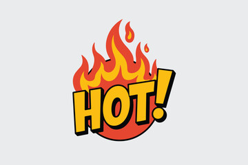 Stylized cartoon logo design featuring bold 'hot!' text and fiery flames vector