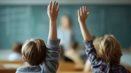 elementary school students raising hands in classroom education learning participation