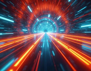 Abstract tunnel with neon lights moves fast. Bright glowing streaks create a sense of speed and futuristic travel. Vibrant colors and motion effects create dynamic energy.