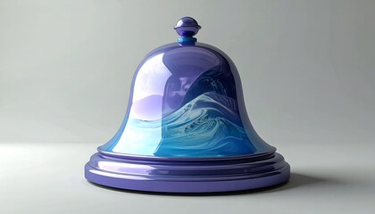 Polished blue glass bell cloche with swirling blue-white waves inside sits on a white surface