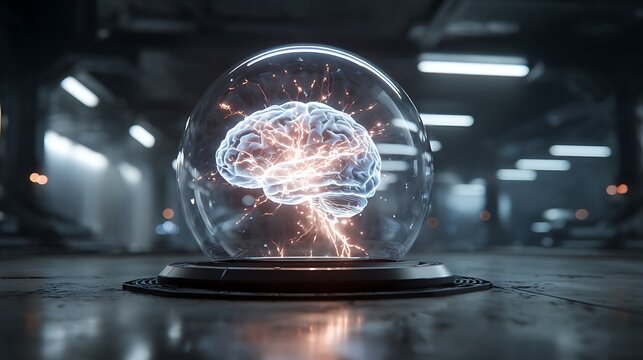 Illuminated brain inside glass dome concept of artificial intelligence and future technology research