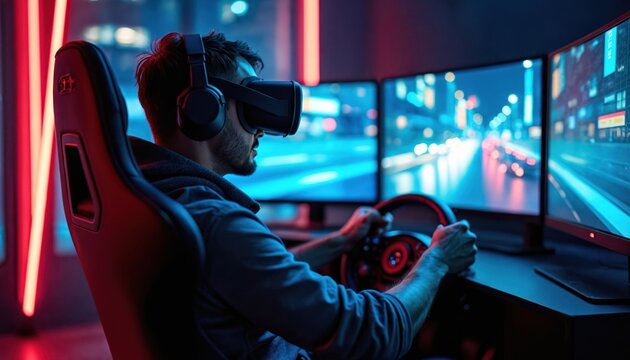 Man wears VR headset plays racing game with steering wheel and monitors. Gamer sits in gaming chair, enjoys immersive virtual reality simulation. Futuristic neon lights glow. - Powered by Adobe