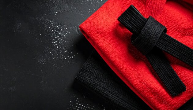 Red and Black Martial Arts Uniform with Belt on Dark Textured Surface
