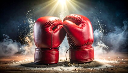 Red Boxing Gloves on Wooden Surface with Dramatic Lighting