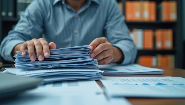 Man in blue striped shirt sorts stacks of paper documents on office desk with graphs and charts. Person manages files, checks report for auditing.