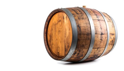 Wooden barrel with metal bands, lying on its side, against a white background