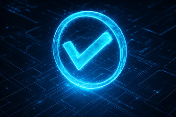 Digital abstract hologram with glowing check mark approval symbol on blue interface