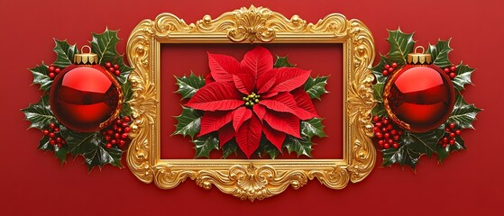 Ornate Gold Frame with Poinsettia and Christmas Baubles.