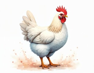 Fototapeta premium White rooster illustrated with pastel watercolor doodle style on white background. Bird has fluffy feathers and red comb. Farm animal graphic design element.