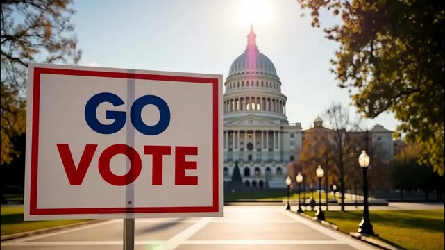 A sign urging people to vote stands in front of the united states capitol building, set against a backdrop of trees and a clear sky on a sunny day ai generated vedio
