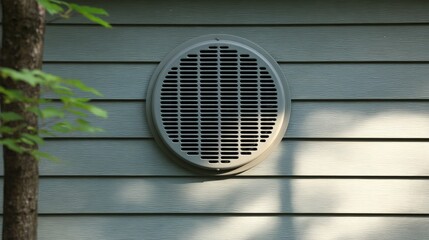 A circular ventilation grille set against a light gray siding wall, casting shadows, showcasing a simple architectural detail.