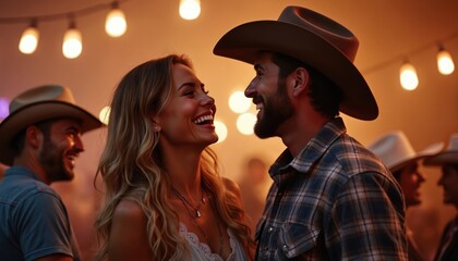 Smiling happy couple in cowboy hats laugh together at country music dance. Friends gather at an evening western themed party. Warm string lights illuminate the fun outdoor event.