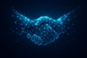 Futuristic Digital Blue Handshake Symbol Representing Blockchain Partnership Agreement