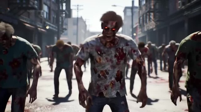 A horde of decaying, blood-splattered zombies shuffle down a bright city street in a post-apocalyptic scene, menacing and eerie