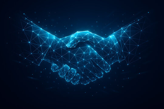 Futuristic Digital Blue Handshake Symbol Representing Blockchain Partnership Agreement