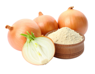 Onion powder heap, a dehydrated and ground savory ingredient, isolated on white, used in dry rubs and seasoning blends