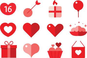 Collection of twelve red vector icons for Valentine s Day or a romantic occasion