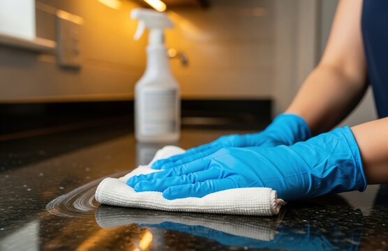 Hands in blue gloves wiping polished kitchen counter ensuring cleanliness hygiene routine and safety in modern workspace symbolizing professional daily cleaning practice