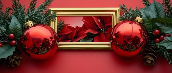 Elegant Christmas decoration with shiny red ornaments and a gold frame.