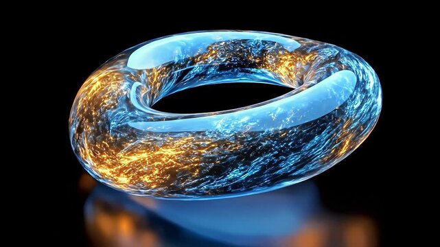 Glass-like torus with a blue shell and an orange, fiery interior against dark
