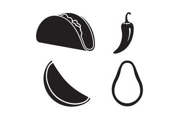 Simple black and white icons of taco ingredients and a taco