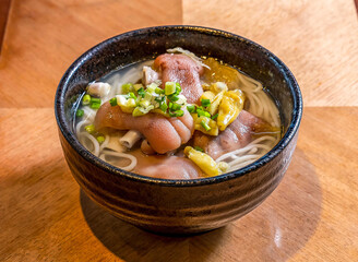Braised Pork Knuckle Rice Noodle Soup with Pickled Mustard Greens and Scallions in a Dark Bowl on wooden board side view of main course