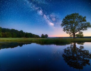 Beautiful view of meadow and amazing trees reflected on the blue water surface somewhere in a rural area High quality photography starlight night starry sky 