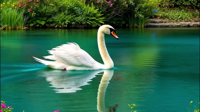 A graceful white swan swims in a tranquil pond surrounded by lush greenery and colorful flowers, creating a picturesque and peaceful scene ai generated vedio