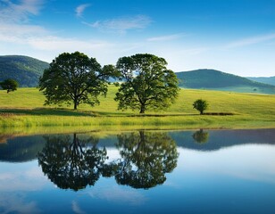 Beautiful view of prairie and amazing trees reflected on the blue water surface somewhere in a rural area; magical scenery during summer, panorama 