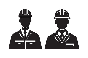 Two silhouetted construction workers in hard hats and suits