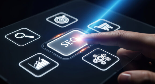 Digital Marketing SEO Strategy Button Press. - Powered by Adobe