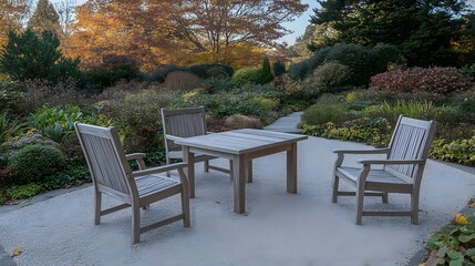 Obraz premium Serene Autumn Garden Patio with Wooden Table and Chairs