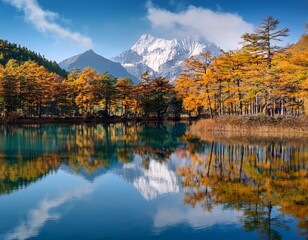 Beautiful view of the amazing trees reflected on the water surface of Moon lake at yading nature reserve (1)