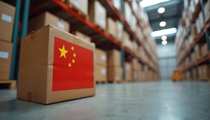 Cardboard boxes with Chinese flag sit in a warehouse. Shelves filled with goods ready for transport. Global logistics and e-commerce concept.