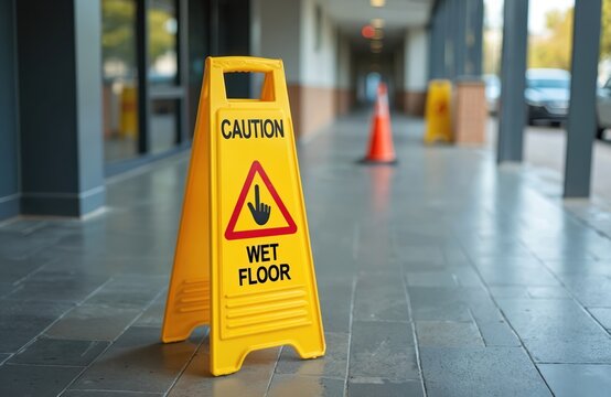 Yellow caution sign warns of wet floor on tiled walkway near building entrance. Cleaning in progress. Safety warning for pedestrian traffic.