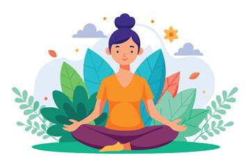 Smiling Asian woman meditates in a lotus position amidst surrounding plants and leaves