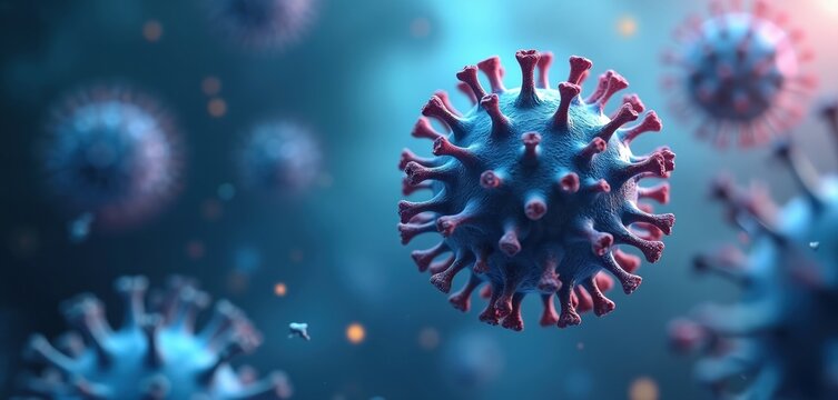 Microscopic view shows blue virus particles floating in hazy atmosphere. Pathogens spread airborne contagion in medical science background. Cells mutate creating illness.