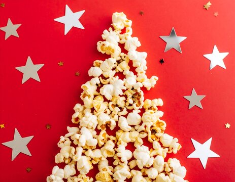 Christmas popcorn tree on red background