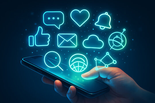 Hand using smartphone with neon social media icons for chat, email, cloud, and search