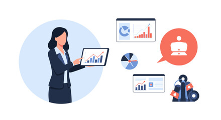 Businesswoman Presenting Data Analysis on Tablet with Charts and Graphs.