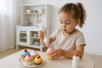 Young child decorating colorful toy cupcakes in kitchen setting. concept of creativity, playful learning, imaginative play