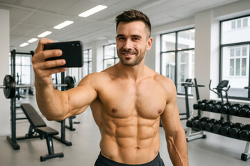 Obraz premium Fit caucasian man taking a gym selfie surrounded by exercise equipment. concept of workout motivation, fitness journey, healthy lifestyle