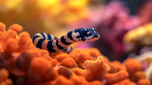 A banded sea krait emerges from vibrant orange coral in a colorful underwater reef
