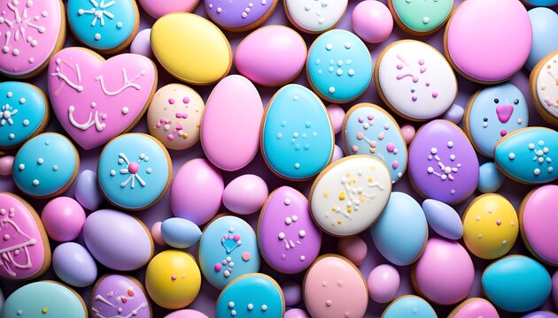 A vibrant collection of colorful Easter-themed cookies and pastel candy fills the frame - Powered by Adobe