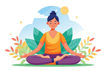 Serene woman in lotus pose meditates calmly amidst green leaves under a bright sun