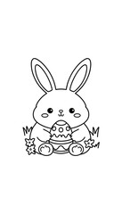 Fototapeta premium Cute bunny holding decorated egg in grass for kids' coloring pages 