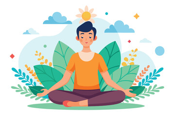 Asian man meditates in lotus position amongst foliage, enjoying nature under sunny skies
