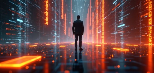 Man in suit stands on digital circuit board. Neon lines of code glow. Data stream surrounds businessman. Future tech, abstract network tunnel. Virtual reality analysis.
