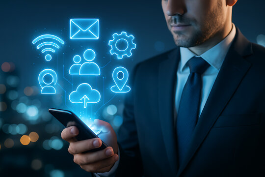 Businessman using smartphone with cloud, email, wifi, and location icons in neon glow